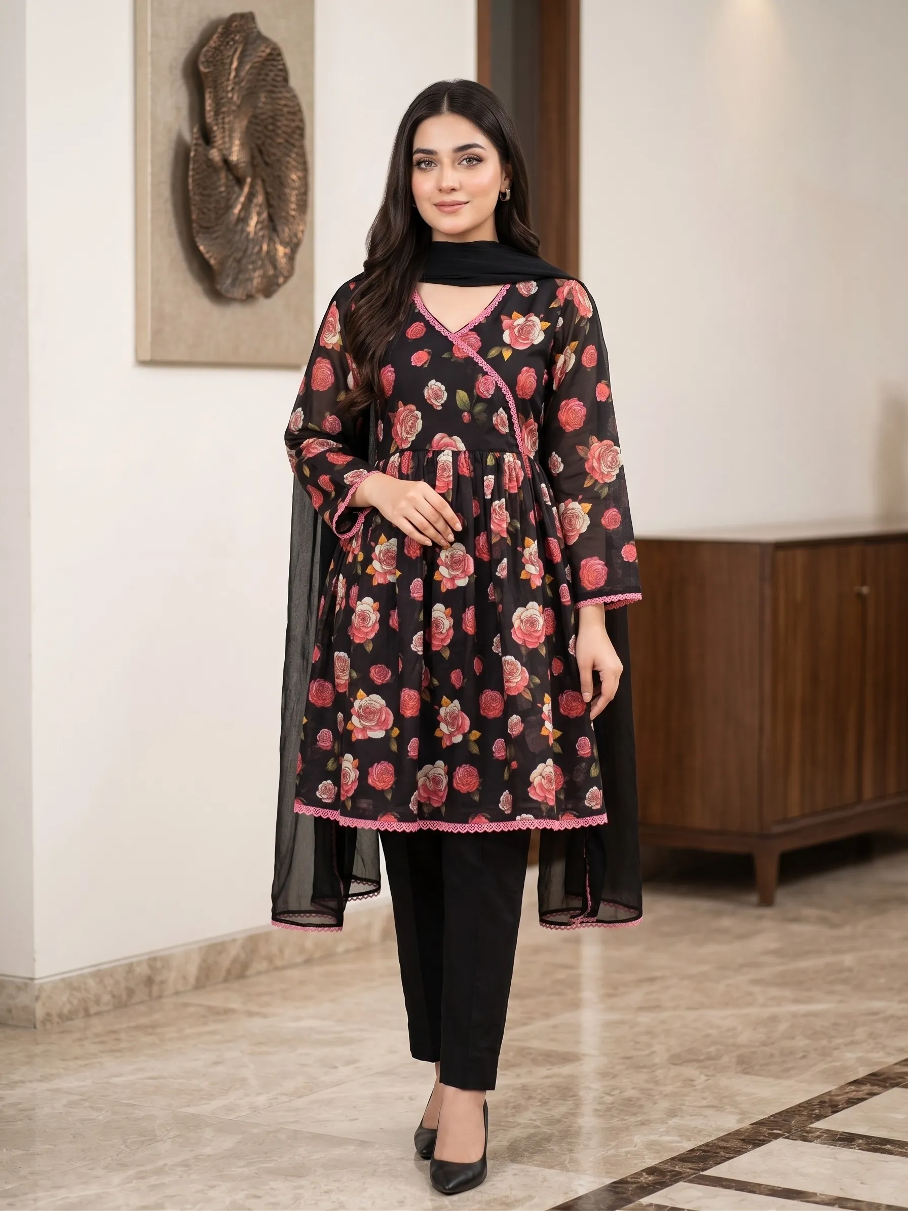 Noir Rose Printed 3-Piece Suit