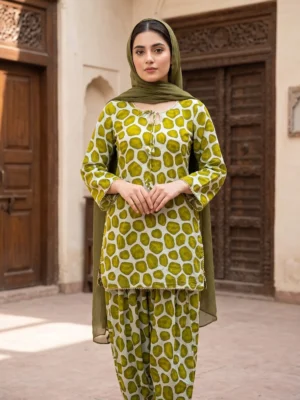 Olive Pebble Printed 3-Piece Suit