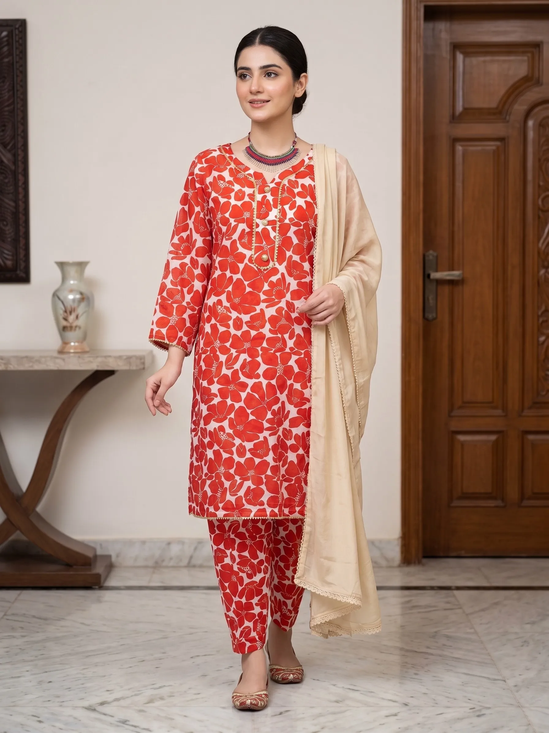 Coral Bloom Printed 3-Piece Suit