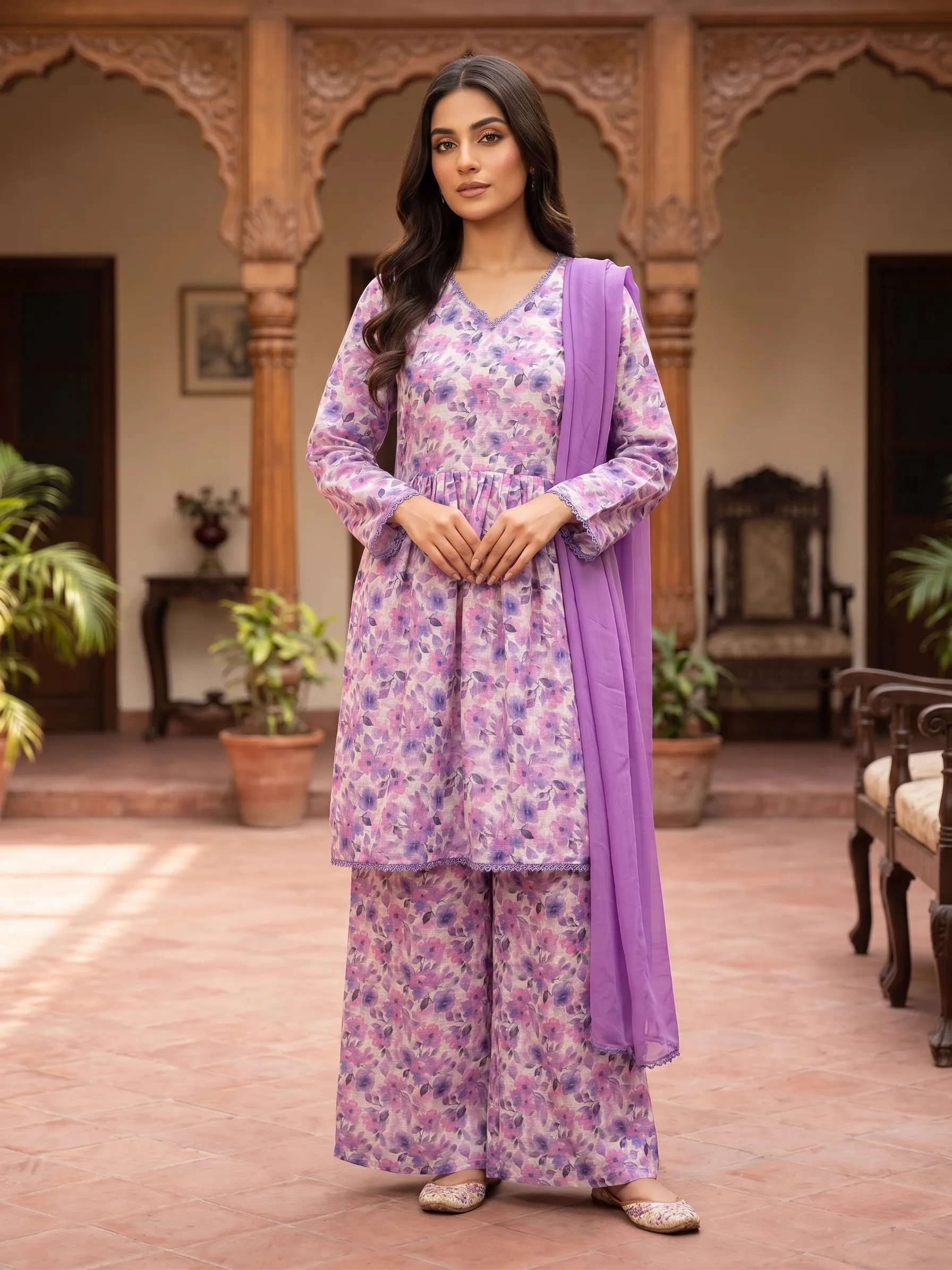 Lilac Bloom Printed 3-Piece Suit