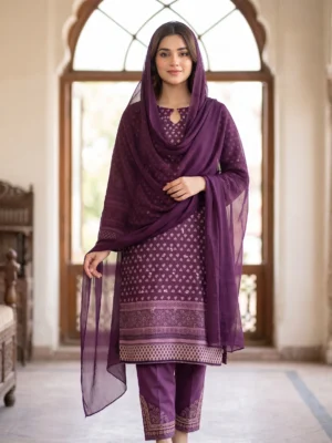 Royal Aubergine Printed 3-Piece Suit