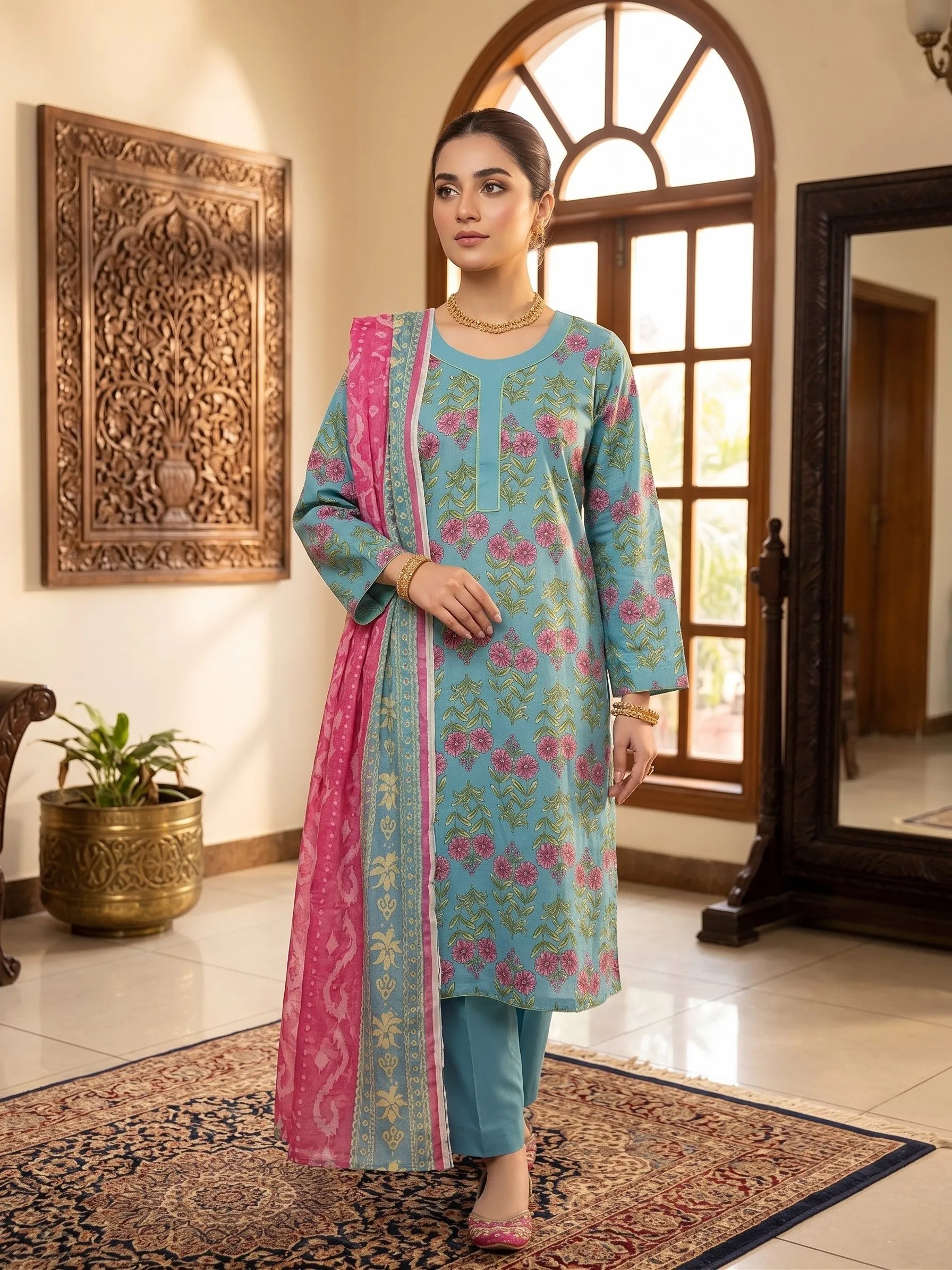 Teal Bloom Printed 3-Piece Suit