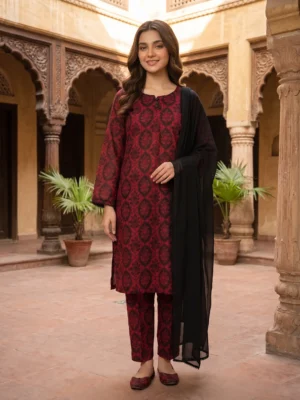 Crimson Damask Printed 3-Piece Suit